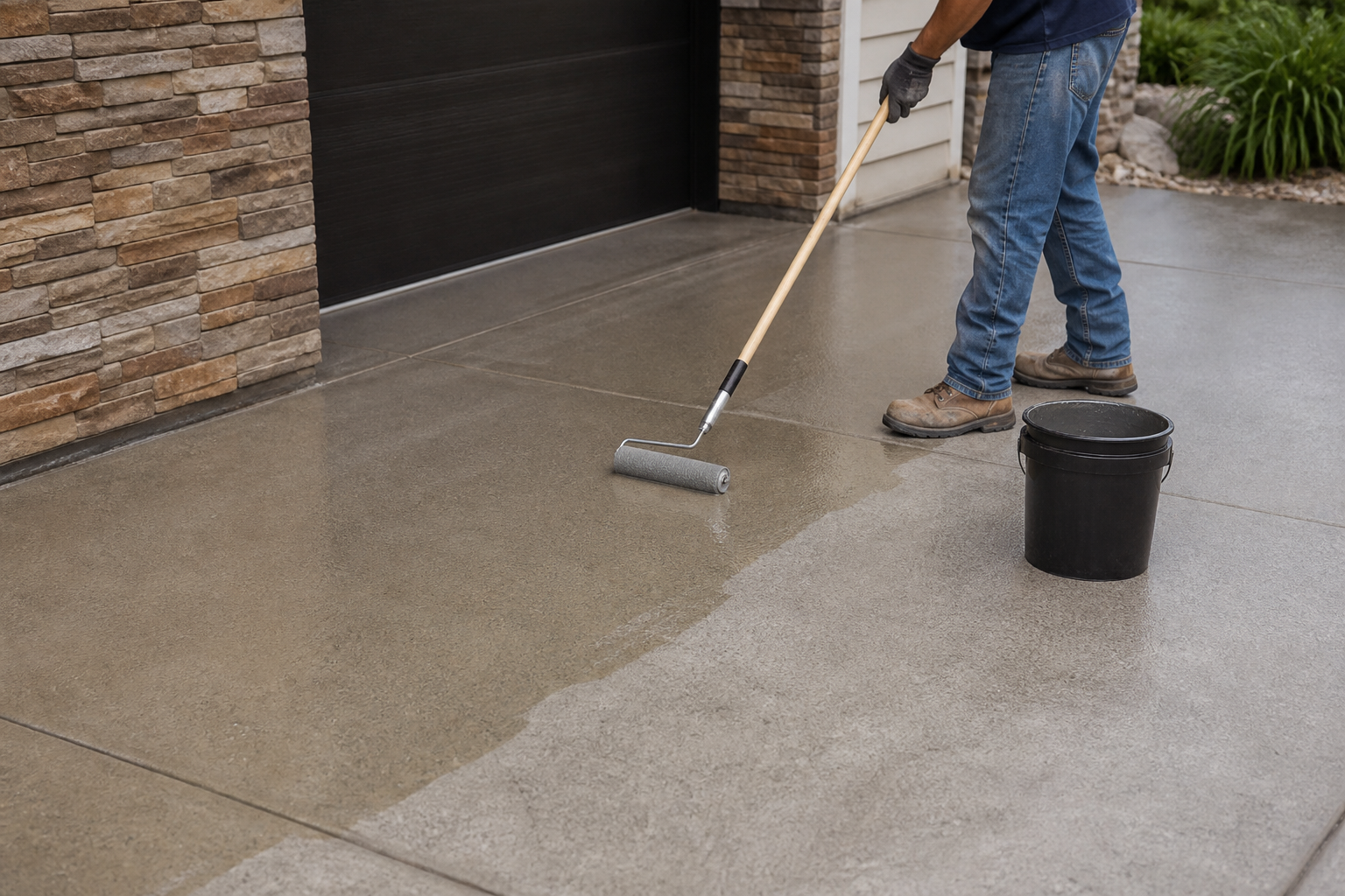 Worker coating outdoor concrete surface