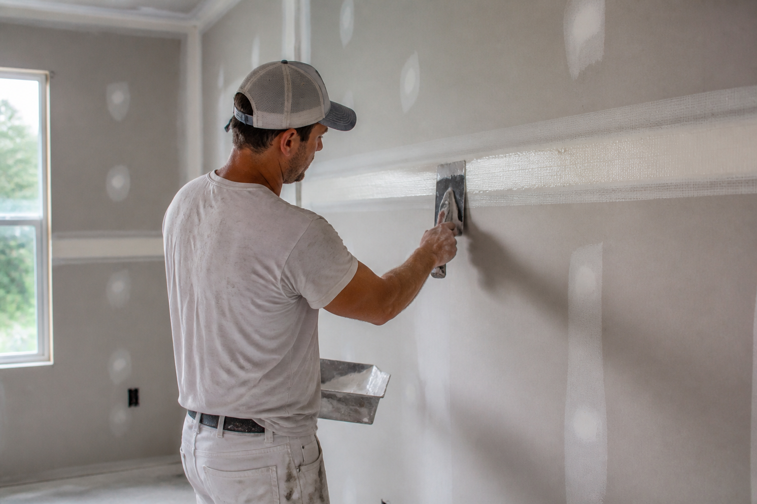 Drywall finisher applying joint compound
