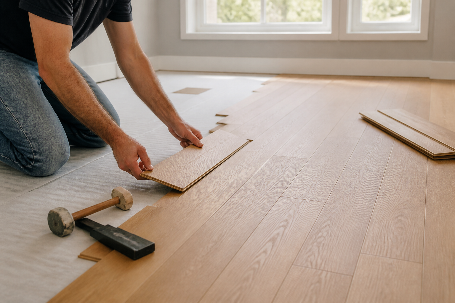 Flooring planks being installed in a home