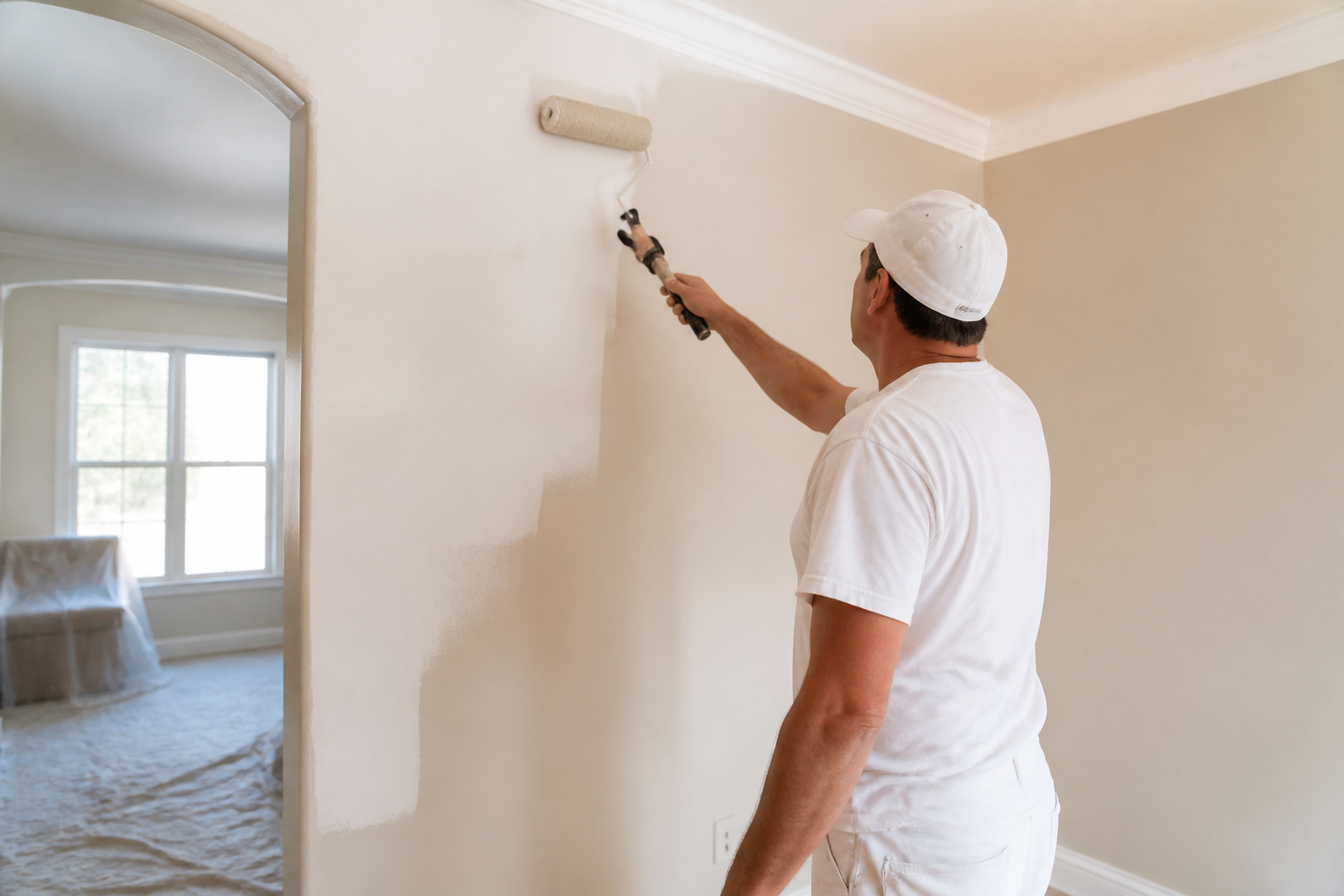 Painter rolling interior wall paint