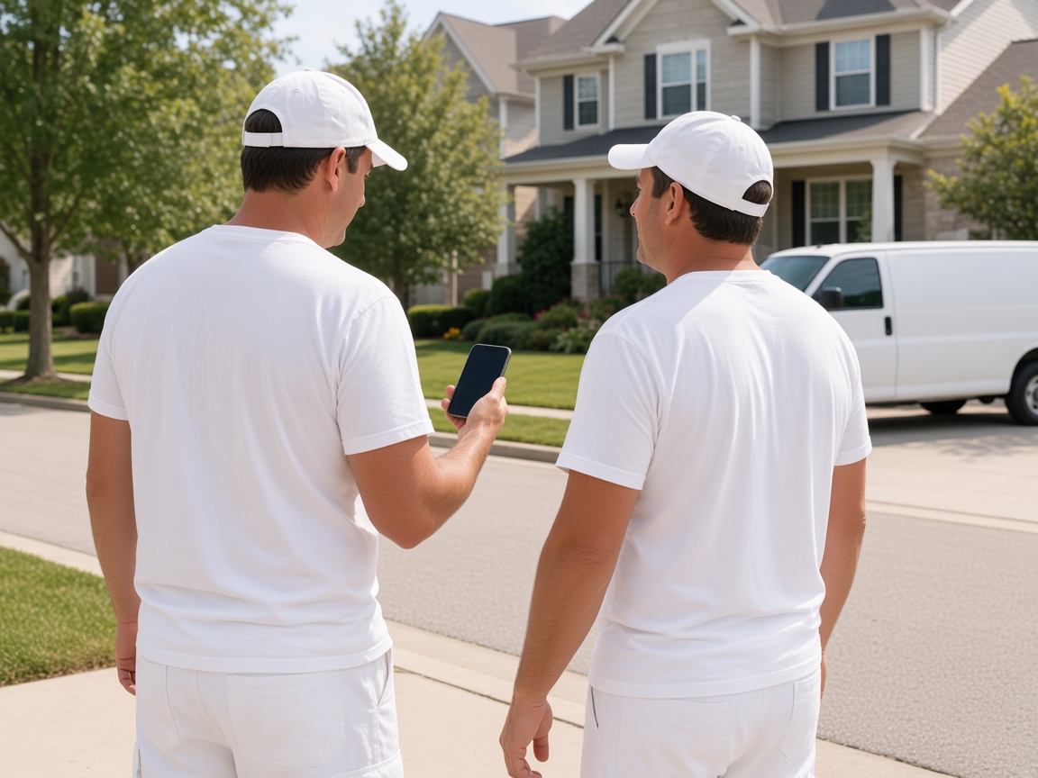 Two crew members checking a phone outside a job with their van parked nearby